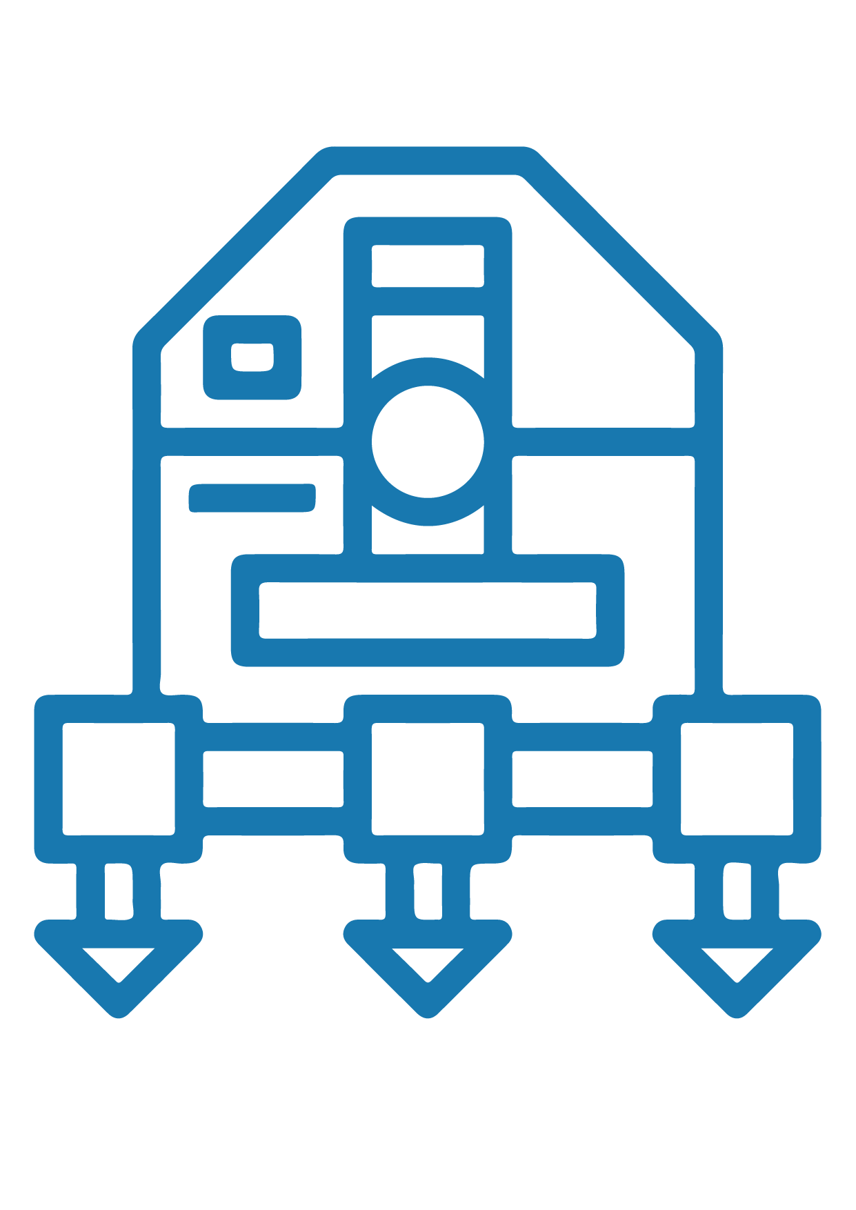 Warehouse distribution network icon with downward arrows